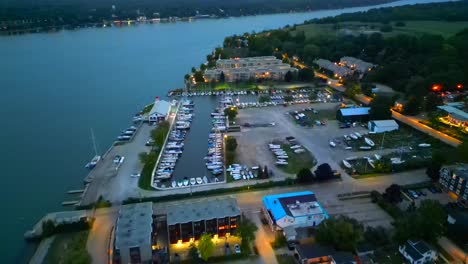 Aerial-twilight-view-of-charming-Niagara-On-The-Lake-sailing-club,-Ontario