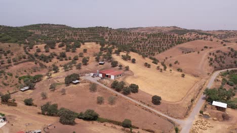 High-aerial-orbiting-over-farm-warehouse-on-countryside-landscape,-Alentejo