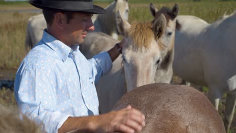 Cowboy-man-petting-his-brown-horse