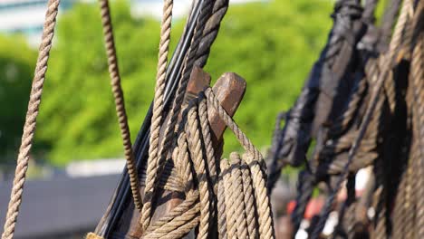 Close-up-of-wooden-sailing-ships-rigging