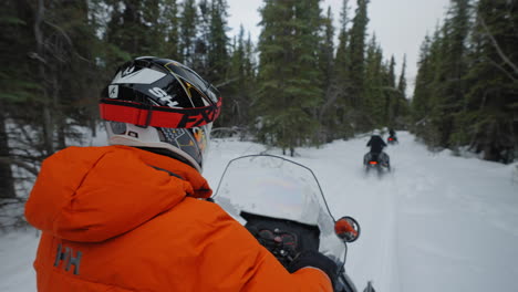 Snowmobilling-through-forest-from-behind-the-driver