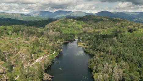 Sweeping-Drone-Aerial-footage-of-Tarn-Hows-Lake-District-National-Park-England-uk-on-a-beautiful-sunny-summer-day