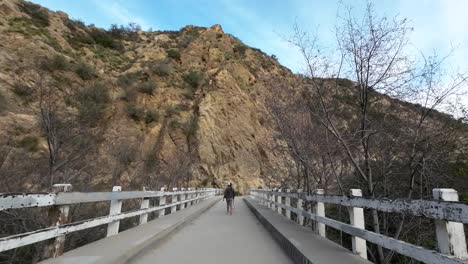 Female-Walking-Dog-Along-Bridge-While-Hiking-Towards-Mountains-In-Fall