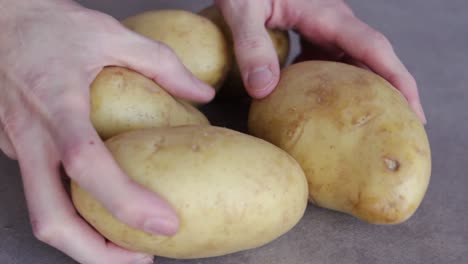 Die-Hand-Einer-Person-Legte-Fünf-Rohe-Kartoffeln-Auf-Den-Tisch