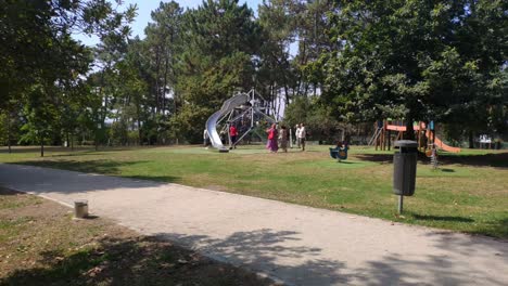 Families-with-children-playing-on-the-public-park-slide-with-its-gardens-and-trees-on-a-sunny-summer-morning
