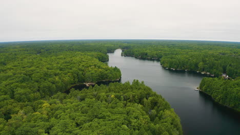 Aerial-view-of-a-river-surrounded-by-green-trees-on-a-cloudy-day