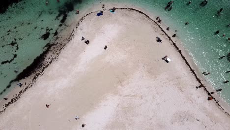 An-aerial-view-of-people-walking-at-a-beach-cove-in-Isla-Mujeres,-Mexico