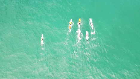 Drohnen-Luftaufnahme-Von-Sechs-Athleten,-Die-Ihre-Bretter-Im-Pazifischen-Ozean-In-Australien-Rennen-Und-Paddeln