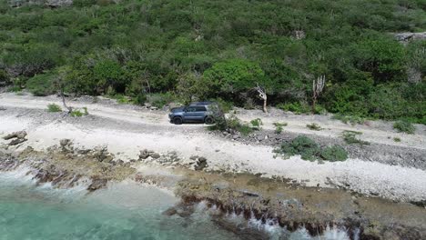 Drone-view-car-driving-offroad-on-rocky-coral-coastline-waves-crashing-cacti-and-greenery