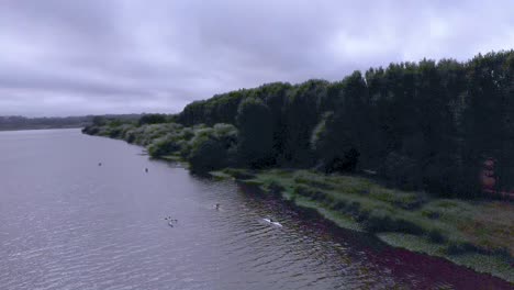 Luftaufnahme-Des-Kanufahrens-Im-Portugiesischen-Fluss-In-Macieira-De-Alcoba,-Águeda-1