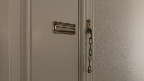Tan-Male-Hand-Unlocking-Brass-Security-Door-Chain-Guard