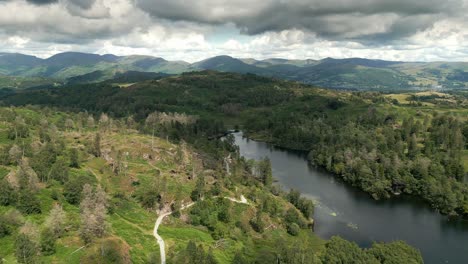 Drone-Aerial-footage-of-Tarn-Hows-Lake-District-National-Park-England-uk-on-a-beautiful-sunny-summer-day