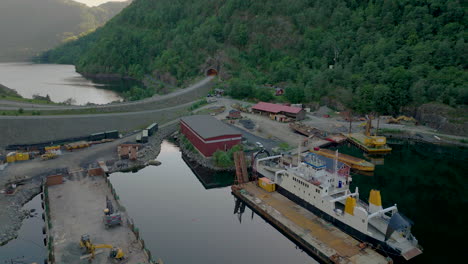 Aerial-Drone-Above-Harbour-Fjord-Ferries-Industrial-Old-Rural-Bay-Port-Landscape