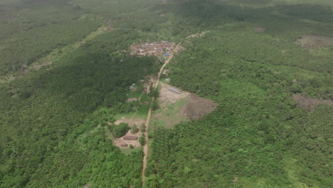 Wide-aerial-rotating-footage-of-a-small-village-in-rural-Sierra-Leone,-Africa