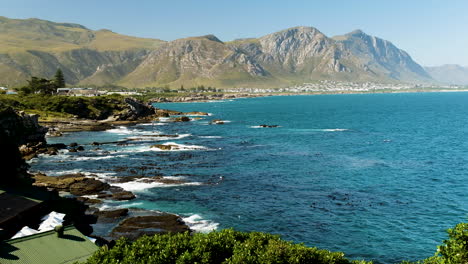 Rugged-Hermanus-coast-with-kelp-forests-and-mountain-background---beautiful-setting-with-whales-near-coastline