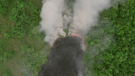 Breite-Luftaufnahmen-Von-Oben-Nach-Unten-Eines-Waldbrandes,-Der-Im-Ländlichen-Sierra-Leone-In-Zeitlupe-Brennt