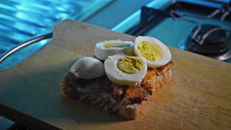 Whole-Wheat-Toast-Sandwich-Filled-With-Mayonnaise,-Fried-Chicken-Cutlets,-Boiled-Eggs,-Sauce,-And-Cheese-Slice