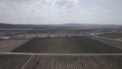Aerial-Drone-Shot-of-train-passes-on-a-massive-railway-bridge-over-agricultural-fields-and-vineyards---push-in-reveal