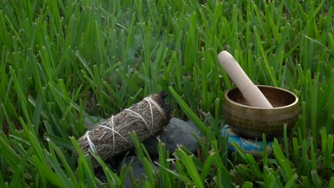 Sage-and-Tibetan-hand-hammered-bell-on-a-grass-field