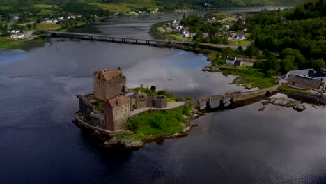 Aerial-shot-of-Scottish-medieval-castle-Eilean-Donan