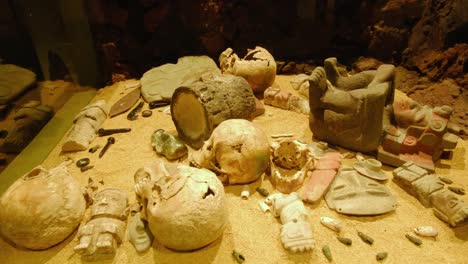 Decorated-Skulls-Sacrificial-Victims-Bones-Aztec-Ceramic-Art-Templo-Mayor-Mexico-City-Cultural-Excavation