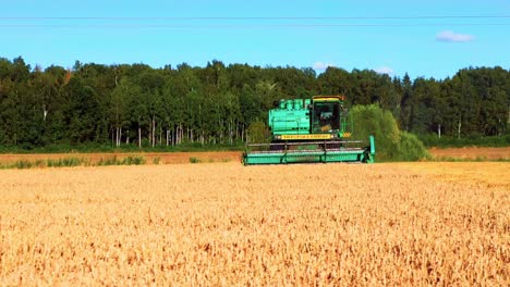 Front-View-Of-A-Combine-Harvester-Harvesting-Ripe-Golden-Crops-In-The-Countryside