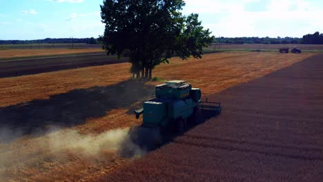 Combine-Harvester-Tractor-Harvesting-Ripe-Crops-On-A-Dusty-Field