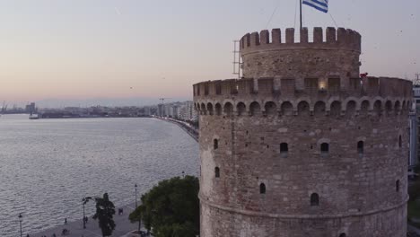 Aerial---White-Tower-of-Thessaloniki-with-a-street