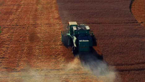 Agricultural-Harvester-Working-In-Wheat-Field---aerial-drone-shot