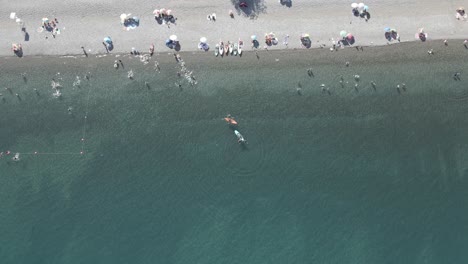 Aerial-circling-shot-of-people-bathing-in-the-Ranco-lake-in-Chile-while-there-are-people-practicing-paddleboarding