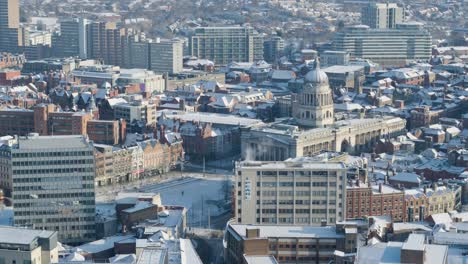 Aerial-establishing-shot-of-Nottingham-in-winter-featuring
