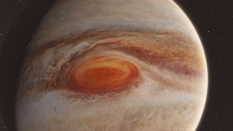 Langsamer-Vorbeizug-Des-Planeten-Jupiter-Und-Großer-Roter-Augensturm-Mit-Milchstraßengalaxie-Und-Sternhintergrund-4k