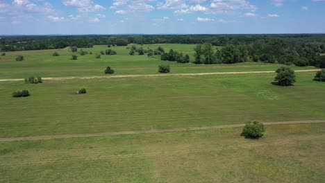 Aerial-View-Of-Vast-Grassland-In-The-Countryside-With-Bush-And-Trees