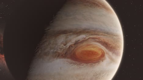 Zoom-Rápido-Al-Planeta-Gigante-Gaseoso-Júpiter-Con-Fondo-De-Sol-Y-Estrellas-Y-Tormenta-Masiva-El-Gran-Ojo-Rojo-Visible-4k
