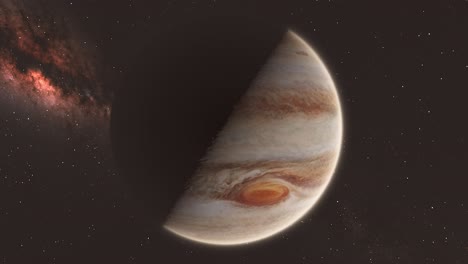 Planeta-Júpiter-Desde-El-Espacio-A-Media-Luz-Media-Sombra-Con-Fondo-De-Galaxia-Y-Estrellas-De-La-Vía-Láctea-4k