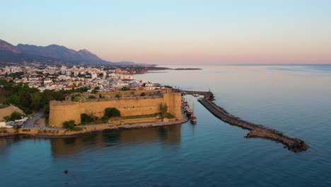 Aerial-of-the-Girne-castle-in-Cyprus-during-sunrise