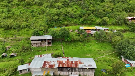 Aerial-Drone-fly-view-of-a-Lodge,-Hostal,-Camping,-hotel,-cabana-on-the-trekking-route-to-Machu-Picchu,-Peru-1