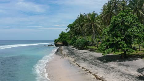 Leerer-Strand-Auf-Der-Insel-Lombok-Mit-Tropischen-Kokospalmen-Und-Türkisfarbenem-Meer-An-Sonnigen-Tagen,-Antenne