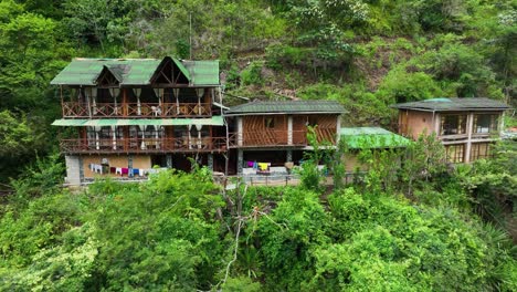 Aerial-Drone-fly-view-of-a-Lodge,-Hostal,-Camping,-hotel,-cabana-on-the-trekking-route-to-Machu-Picchu,-Peru-3