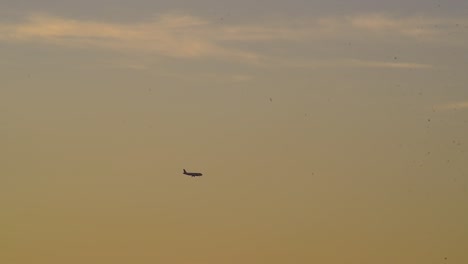 Airplane-flying-at-dusk-preparing-for-descent