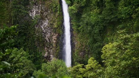 Slow-motion-tilt-wide-shot-of-la-fortuna-waterfall-in-rain-forest-in-Costa-Rica,-central-America-a-tourist-destination-for-vacation