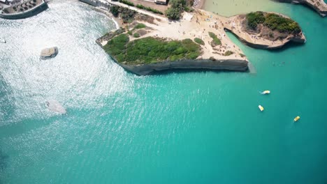 Aerial-top-down-corfu-island-travel-holiday-destination,-summer-tourist-spot-for-vacation