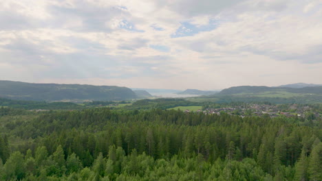 Farmland-Landscape-Valley-Aerial-Drone-Fly-Above-Norway-Green-Rural-Environment-Scenic-Organic-Cinematic-Vision-Trondheim-Trondelag