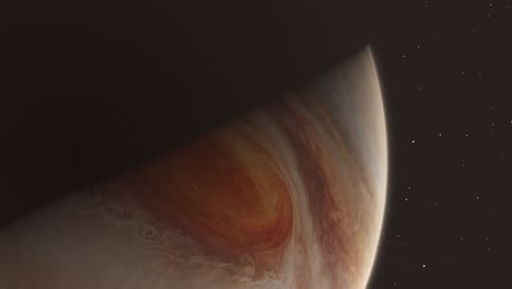 Timelapse-Close-Up-of-Gas-Giant-Planet-Jupiter-Big-Red-Eye-Storm-Turning-Night-to-Day-with-Stars-Background-4K