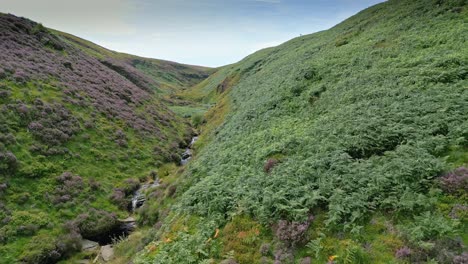 Slow-moving-waterfall-stream-flowing-down-a-moorland-valley-in-West-Yorkshire,-England