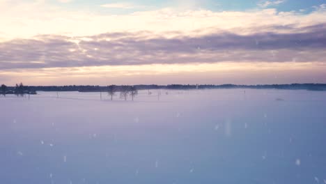 Lonely-car-driving-through-freezing-rural-landscape-during-snowfall,-aerial-view