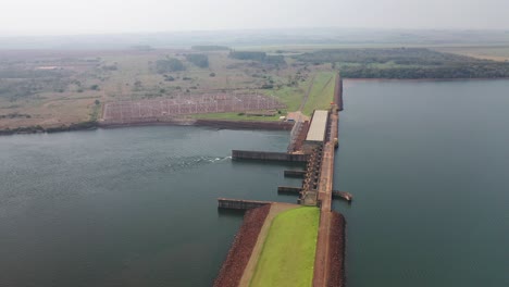 Drone-view-of-hydroelectric-power-plant-on-paranapanema-river,-artificial-lake,-transmission-station,-Brazil-1