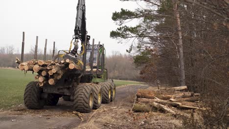 Grapple-loader-unloading-chopped-logs-on-pile-by-forest-road,-Czechia