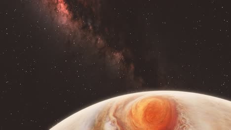 Milky-Way-Galaxy-Elegant-Panning-Down-Reveal-Shot-of-Gas-Giant-Planet-Jupiter-with-Big-Red-Eye-Storm-and-Stars-Background-4K
