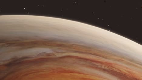 Vista-Descendente-Rápida-Desde-El-Espacio-Del-Planeta-Júpiter-Y-Una-Gran-Tormenta-De-Ojos-Rojos-Con-Fondo-De-Estrellas-4k